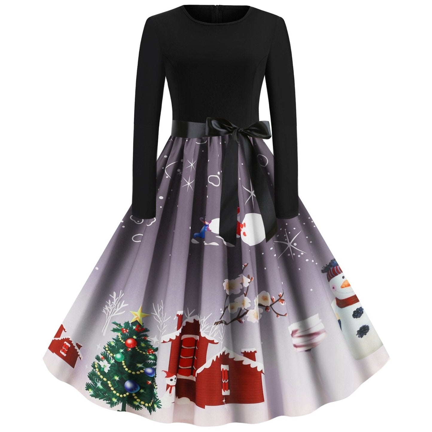 Christmas Vintage Round Neck Women Dresses-Christmas-Gray-S-Free Shipping Leatheretro