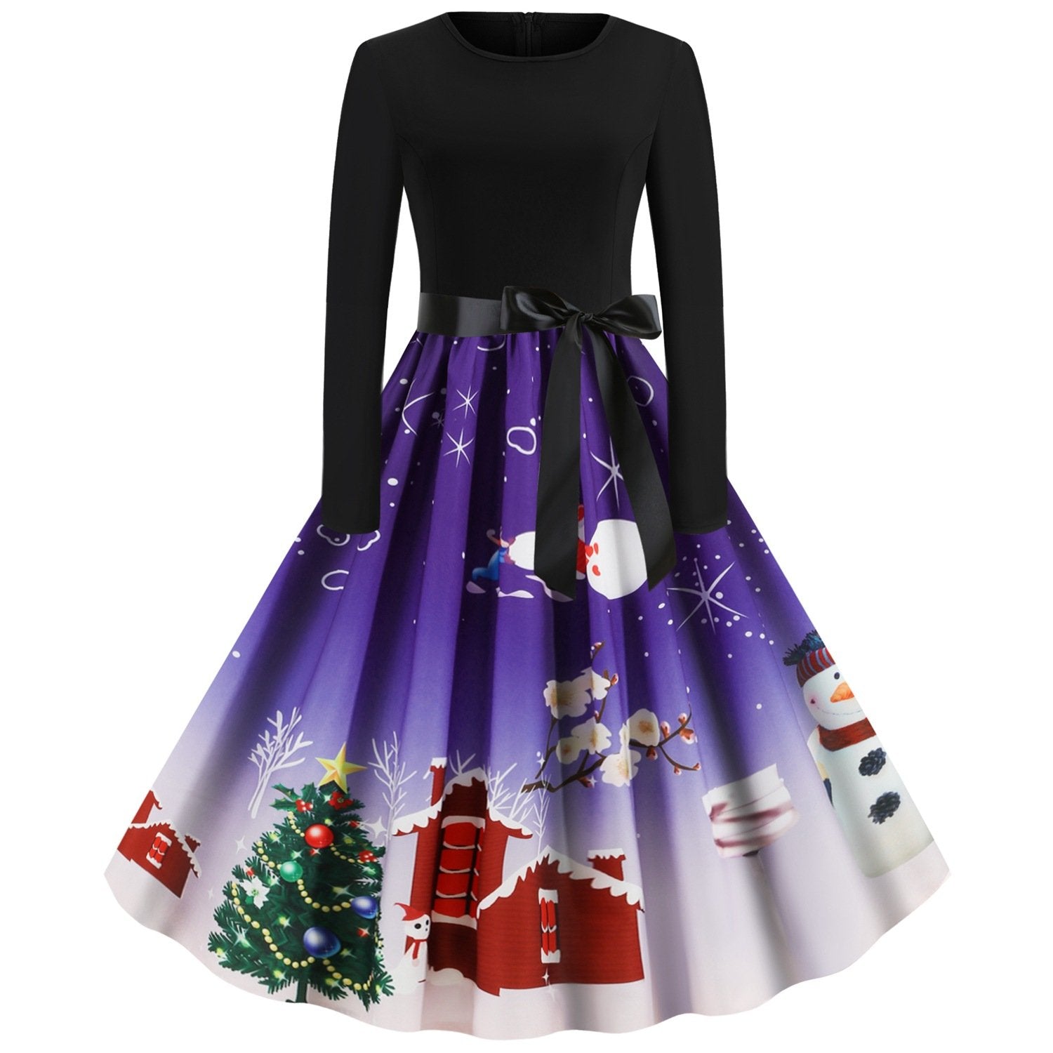 Christmas Vintage Round Neck Women Dresses-Christmas-Purple-S-Free Shipping Leatheretro