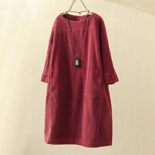 Women Casual Corduroy Fall Dresses-Fall Dresses-Red-M-Free Shipping Leatheretro