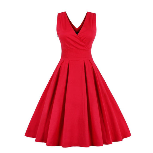 Red Elegant V Neck Ball Midi Dresses-Vintage Dresses-Red-S-Free Shipping Leatheretro