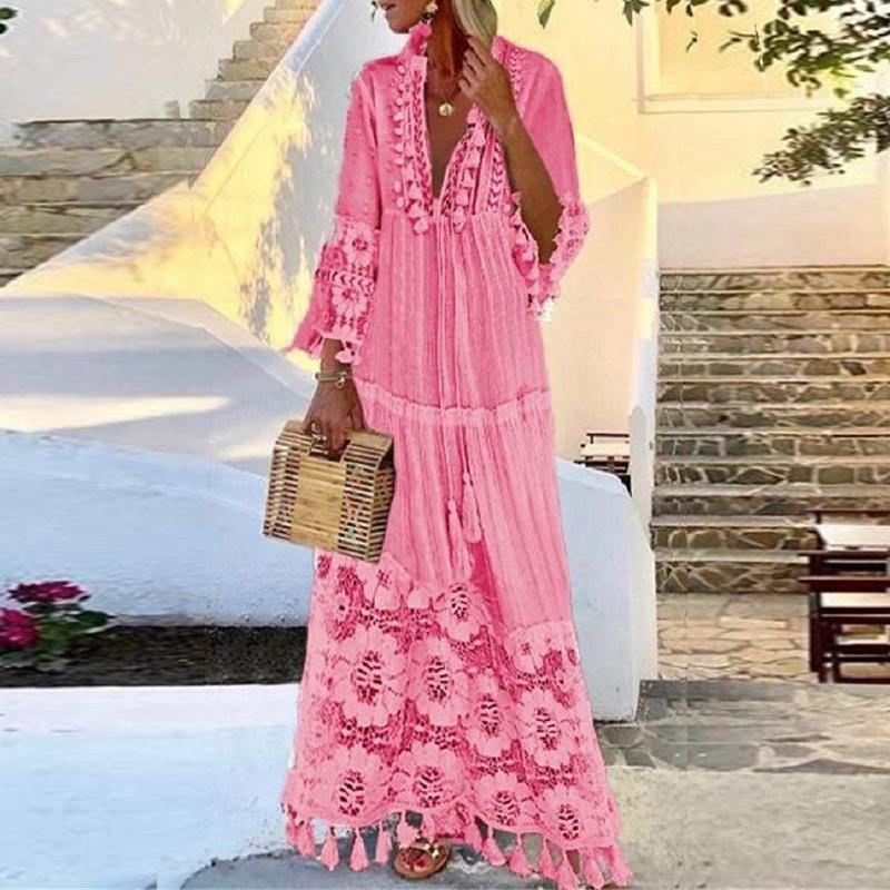 Tassel Summer Beach Bohemia Long Dresses-Boho Dresses-Pink-S-Free Shipping Leatheretro
