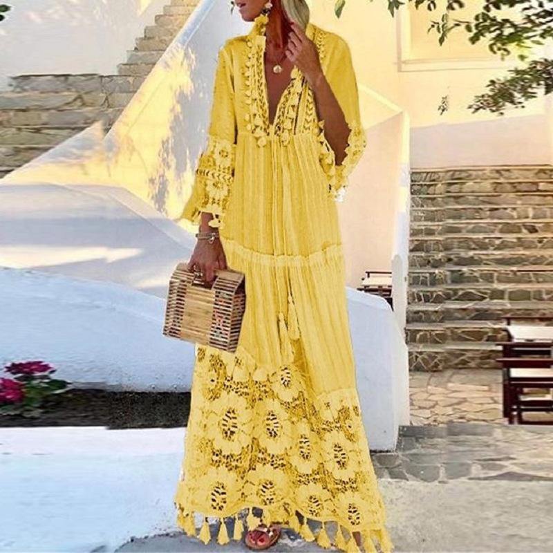 Tassel Summer Beach Bohemia Long Dresses-Boho Dresses-Yellow-S-Free Shipping Leatheretro