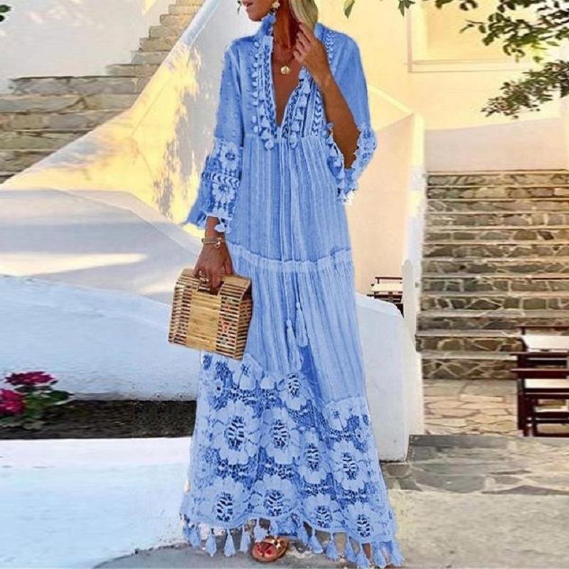 Tassel Summer Beach Bohemia Long Dresses-Boho Dresses-Blue-S-Free Shipping Leatheretro