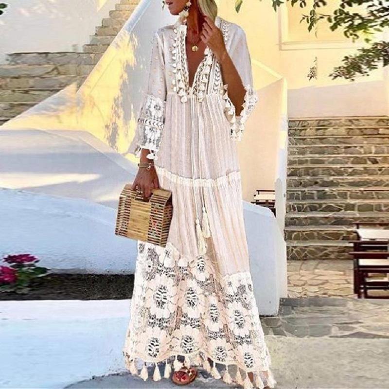 Tassel Summer Beach Bohemia Long Dresses-Boho Dresses-Ivory-S-Free Shipping Leatheretro