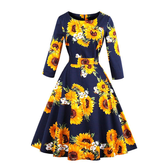 Vintage Women 3/4 Length Sleeves Sumflower Dresses-Vintage Dresses-Sunflower-S-Free Shipping Leatheretro
