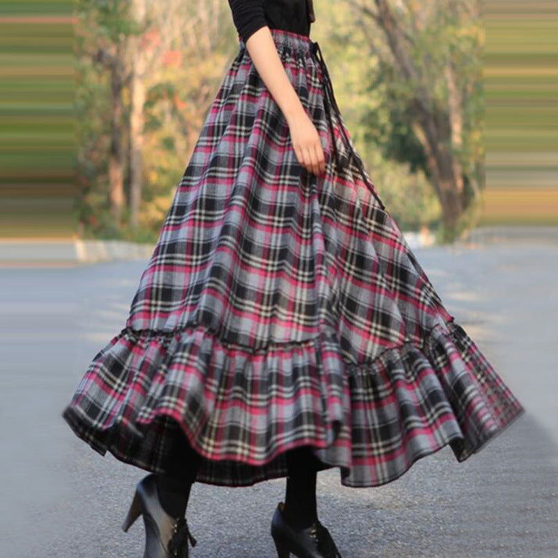 Vintage Plaid Design Women Long Skirt-Skirts-Rose Red-S-Free Shipping Leatheretro