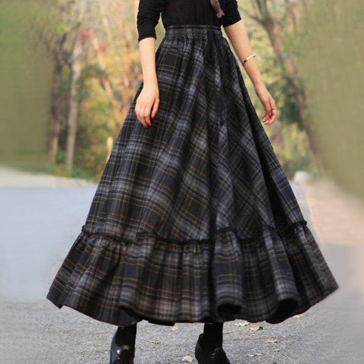 Vintage Plaid Design Women Long Skirt-Skirts-Black-S-Free Shipping Leatheretro