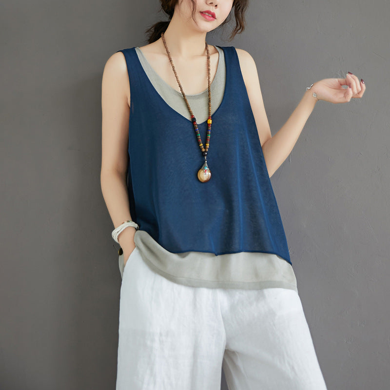 Casual Summer Fake Two Pieces Linen Women Vest Tops-Shirts & Tops-Navy Blue-One Size-Free Shipping Leatheretro