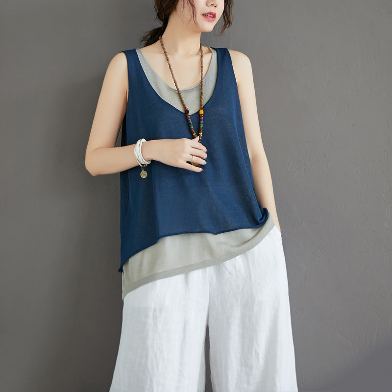Casual Summer Fake Two Pieces Linen Women Vest Tops-Shirts & Tops-Black-One Size-Free Shipping Leatheretro