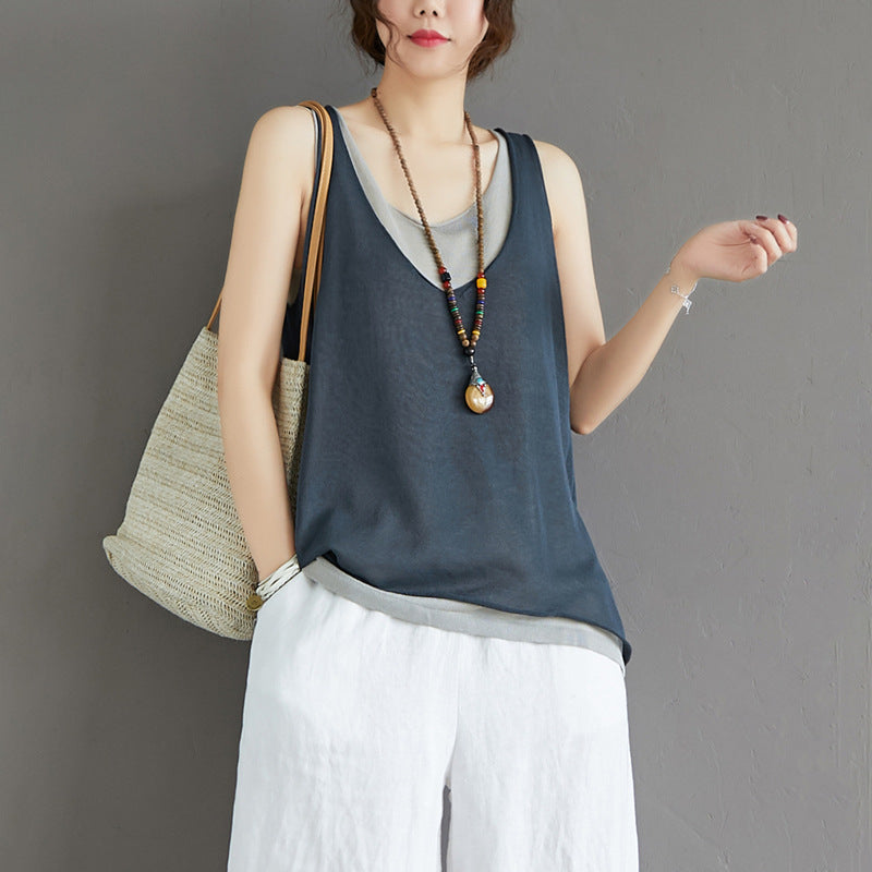 Casual Summer Fake Two Pieces Linen Women Vest Tops-Shirts & Tops-Gray-One Size-Free Shipping Leatheretro