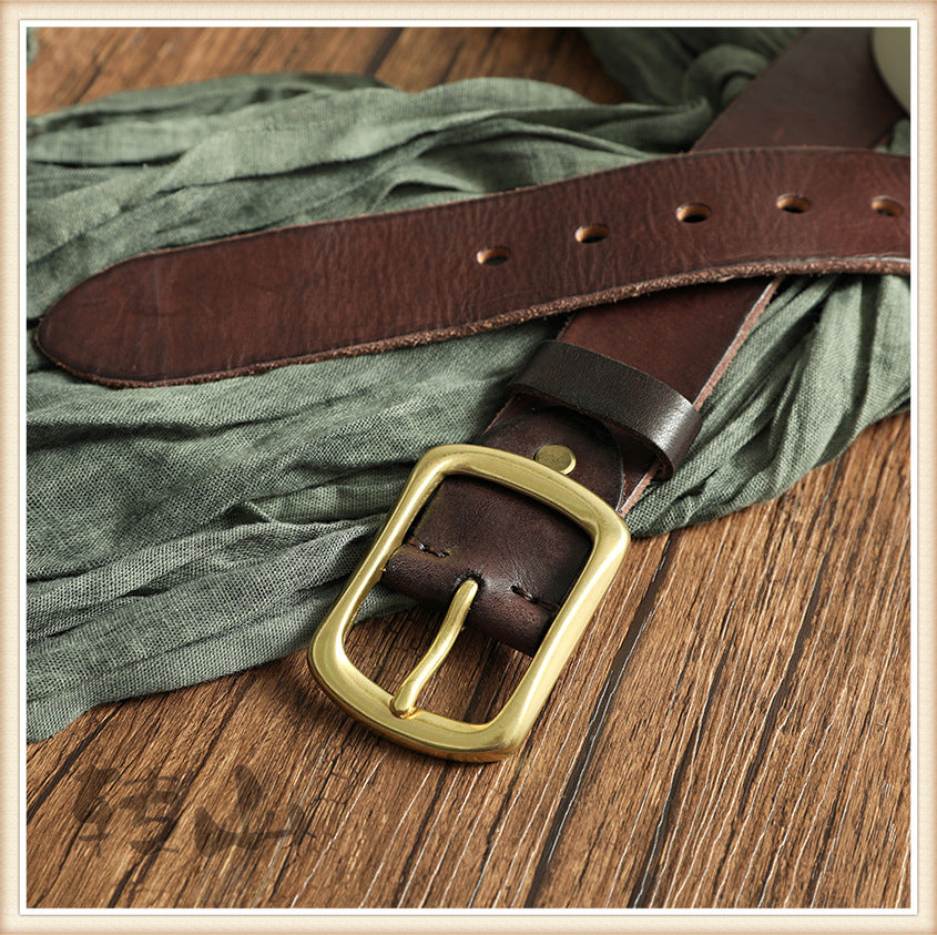 Brass Buckle Handmade Genuine Leather Belt for Men 11040-Belts-Black-105cm-Free Shipping Leatheretro