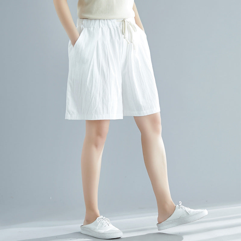 Leisure Linen Elastic Waist Summer Women Short Pants-Pants-White-M-Free Shipping Leatheretro