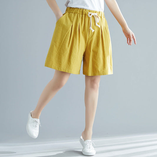 Leisure Linen Elastic Waist Summer Women Short Pants-Pants-Yellow-M-Free Shipping Leatheretro