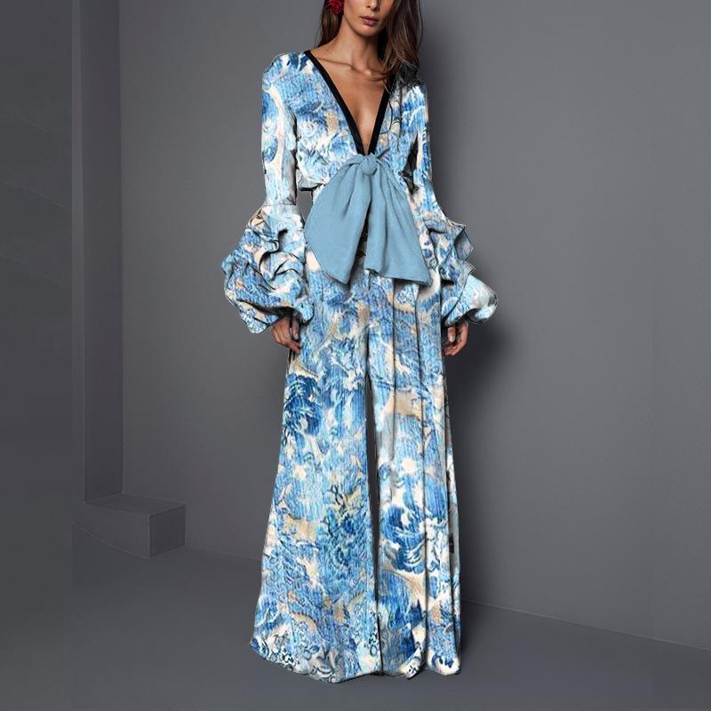 Women Sexy Bow Design Long Sleeves Jumpsuits-Jumpsuits-Blue-S-Free Shipping Leatheretro