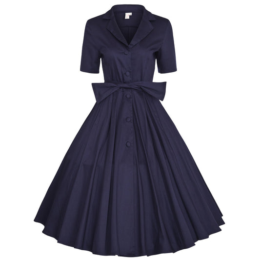 Elegant Cotton Short Sleeves Dresses-Dresses-Navy Blue-S-Free Shipping Leatheretro