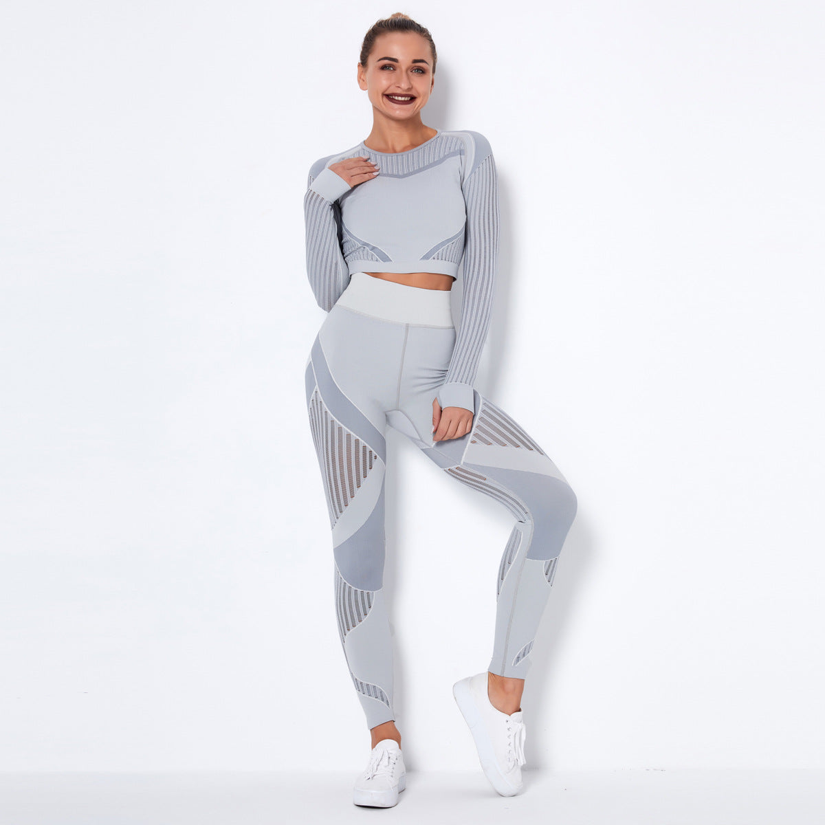 Sexy Hollow Out Long Sleeves Tops and Leggings Sets for Yoga Sporting-Activewear-Light Gray-XS-Free Shipping Leatheretro