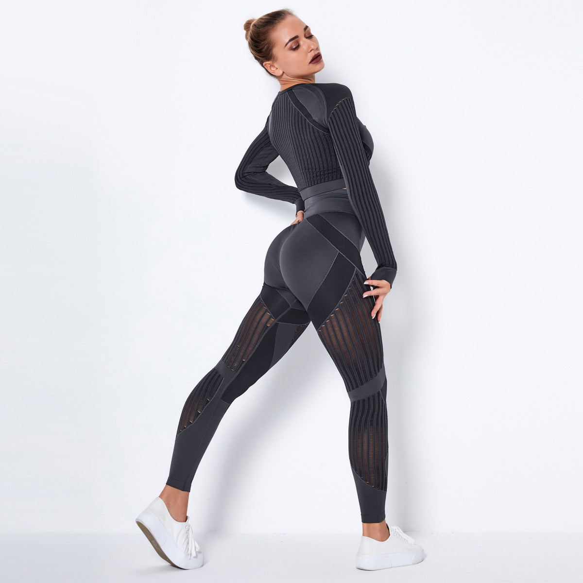 Sexy Hollow Out Long Sleeves Tops and Leggings Sets for Yoga Sporting-Activewear-Light Gray-XS-Free Shipping Leatheretro