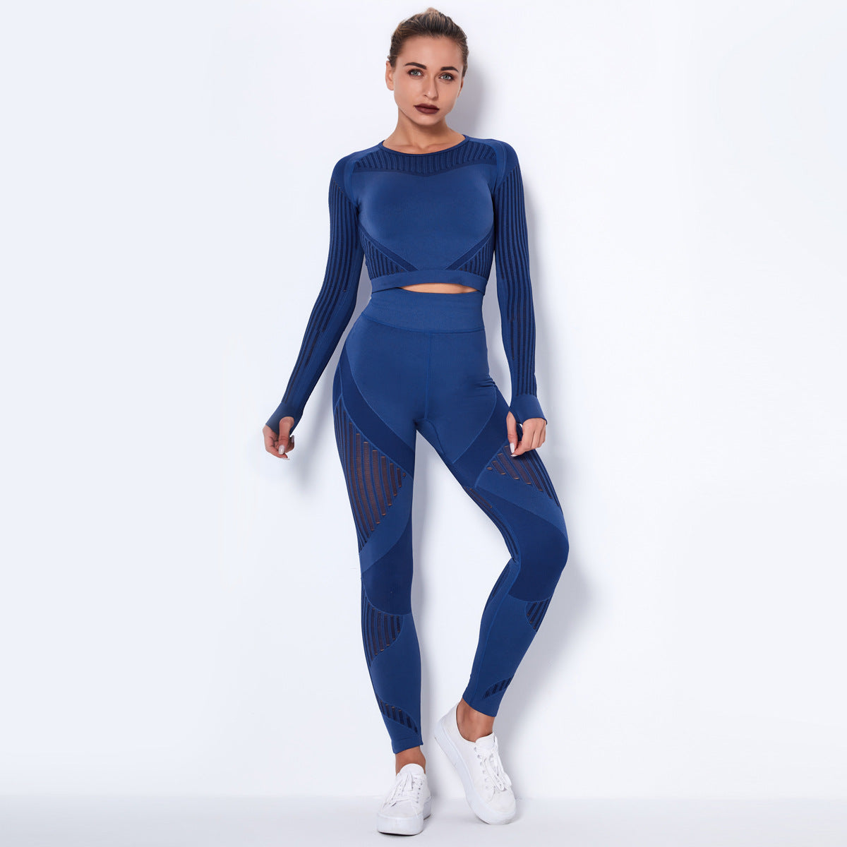 Sexy Hollow Out Long Sleeves Tops and Leggings Sets for Yoga Sporting-Activewear-Dark Blue-XS-Free Shipping Leatheretro
