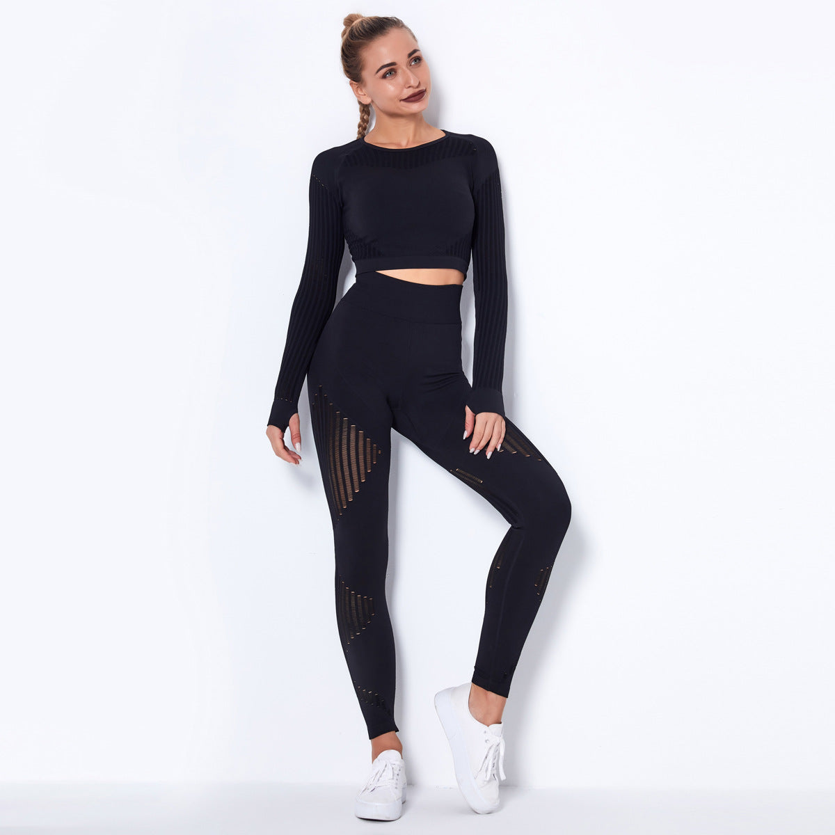 Sexy Hollow Out Long Sleeves Tops and Leggings Sets for Yoga Sporting-Activewear-Black-XS-Free Shipping Leatheretro