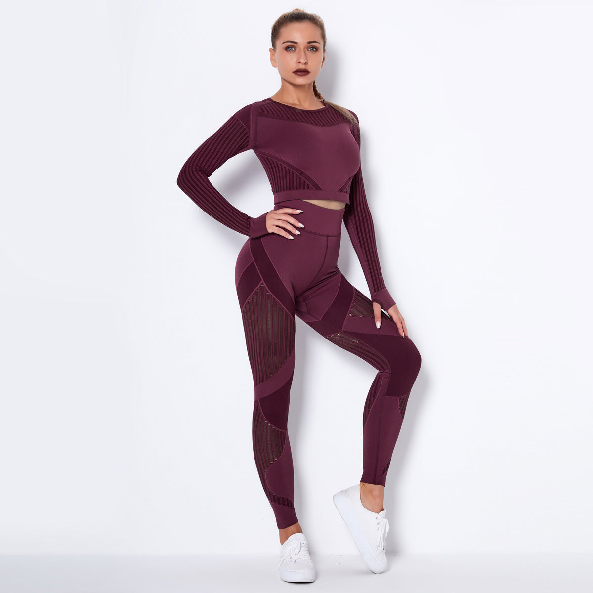 Sexy Hollow Out Long Sleeves Tops and Leggings Sets for Yoga Sporting-Activewear-Wine Red-XS-Free Shipping Leatheretro