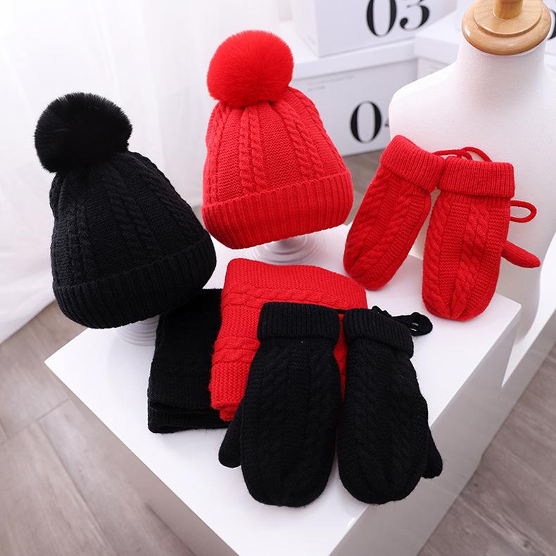 Kids Winter Kitting 3pcs/Set Hats&Scarfs&Gloves-Hats-Red-Free Shipping Leatheretro