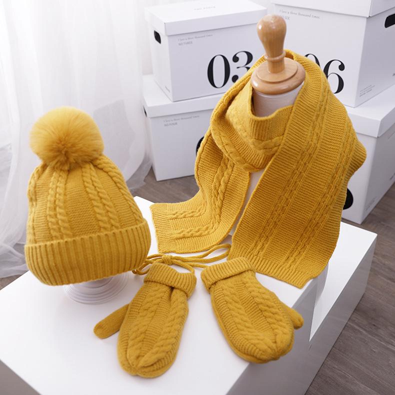 Kids Winter Kitting 3pcs/Set Hats&Scarfs&Gloves-Hats-Yellow-Free Shipping Leatheretro