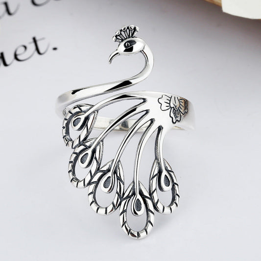 Vintage Open End Peacock Design Sliver Rings for Women-Rings-The same as picture-Open-end-Free Shipping Leatheretro