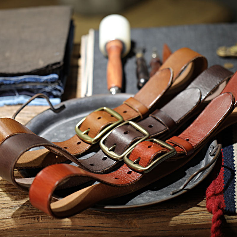 Vintage Handmade Brass Buckle Leather Belt-Khaki-105-125cm-Free Shipping Leatheretro