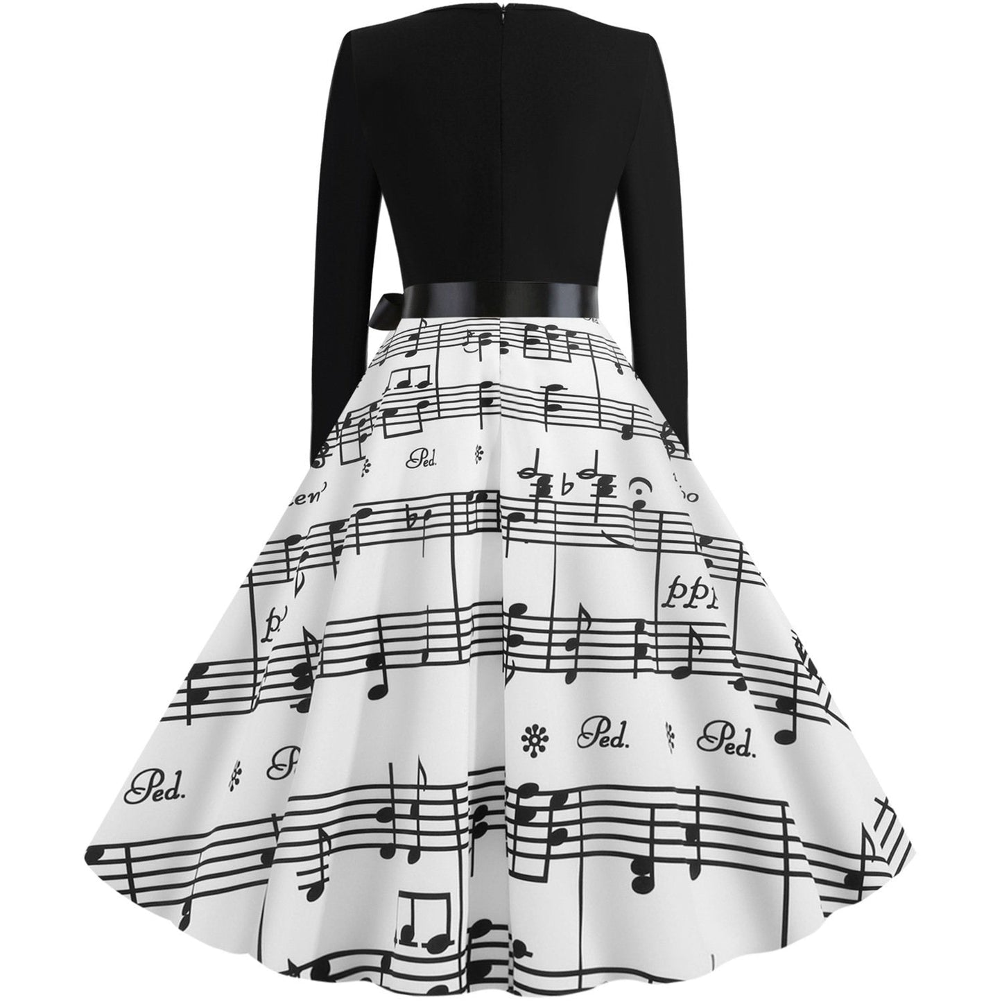 Vintage V Neck Long Sleeves Musical Note Winter Dresses-Vintage Dresses-White-S-Free Shipping Leatheretro