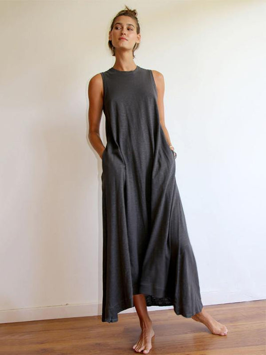 Simple Solid Sleeveless Round-neck Long Dress-Cozy Dresses q-DARK GRAY-S-Free Shipping Leatheretro
