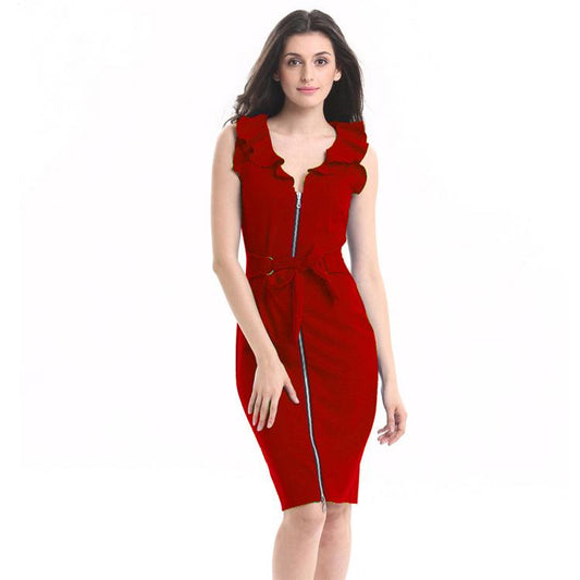 Sexy Ruffled V Neck Fashion Sheath Dresses-Sexy Dresses-Red-S-Free Shipping Leatheretro
