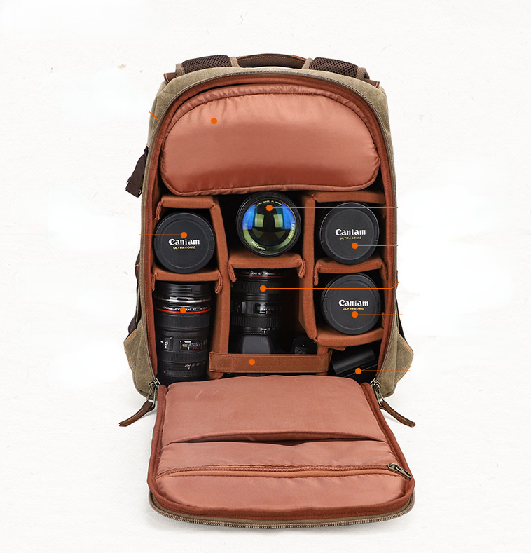 Large Storage SLR Camera Leather Canvas Backpack K001-Leather Canvas Backpack-Khaki-Free Shipping Leatheretro