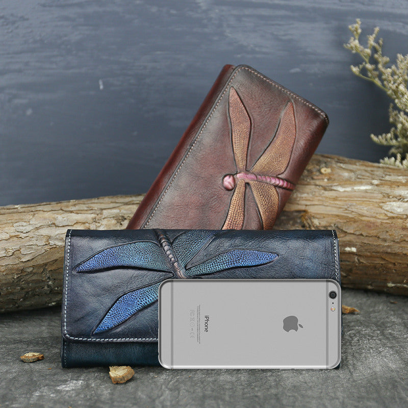 Handmade Dragonfly Engraved Leather Women Purses-Leather Wallet-Dark Blue-Free Shipping Leatheretro