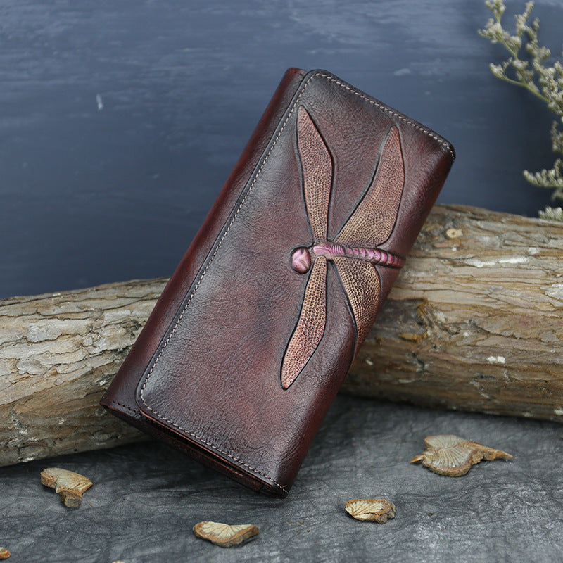 Handmade Dragonfly Engraved Leather Women Purses-Leather Wallet-Coffee-Free Shipping Leatheretro