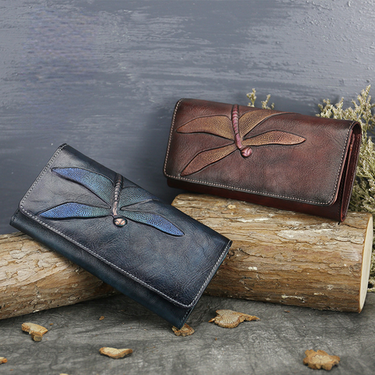 Handmade Dragonfly Engraved Leather Women Purses-Leather Wallet-Dark Blue-Free Shipping Leatheretro