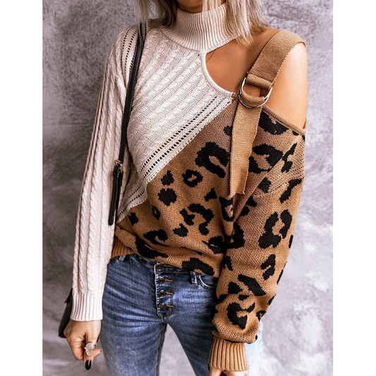 New Leopard High Neck Women Fall Sweaters-Sweater&Hoodies-Ivory-S-Free Shipping Leatheretro