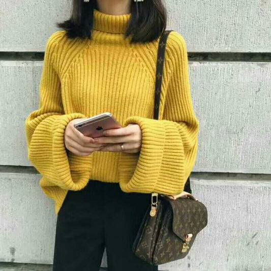 Women High Neck Loose Fall Sweaters-Sweaters-Yellow-One Size-Free Shipping Leatheretro