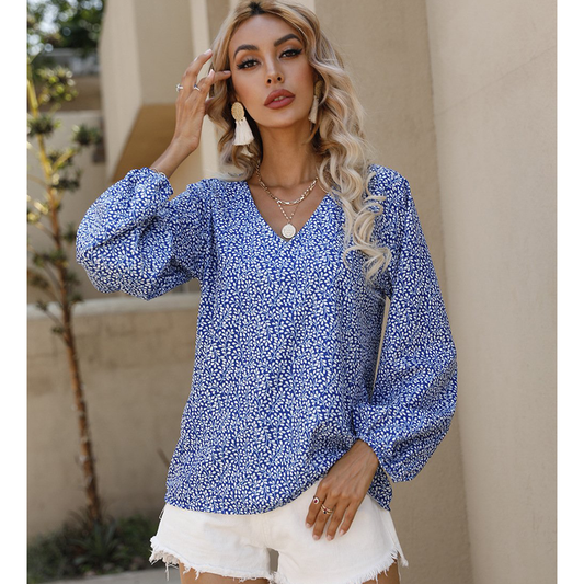 Women Small Floral V Neck Summer Top Blouses-Blue-S-Free Shipping Leatheretro