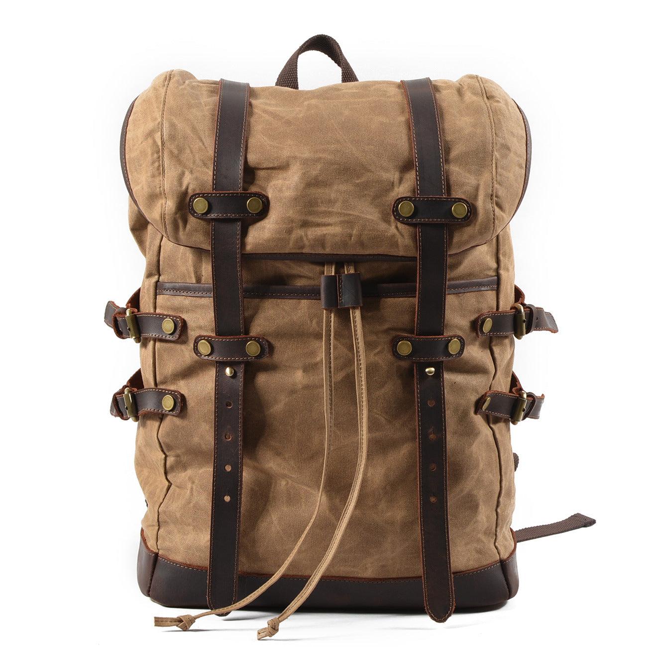 Leisure Leather Canvas Hiking Backpack 9159-Leather Canvas Backpack-Khaki-Free Shipping Leatheretro