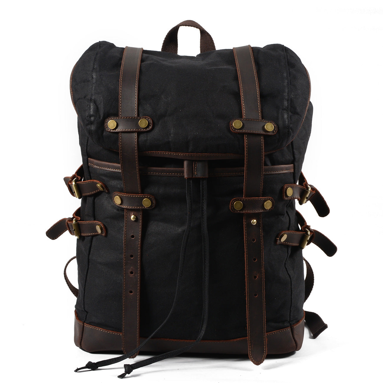 Leisure Leather Canvas Hiking Backpack 9159-Leather Canvas Backpack-Black-Free Shipping Leatheretro