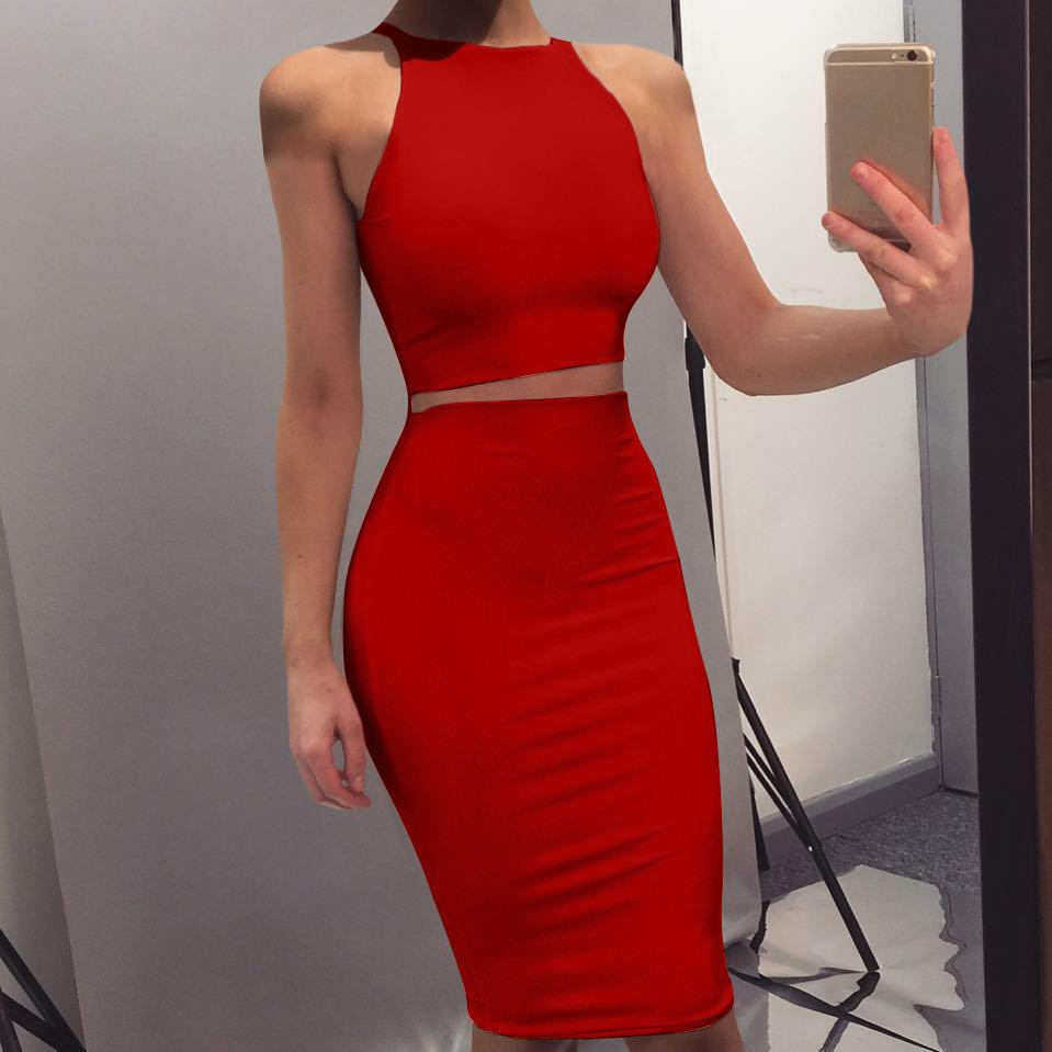 Sexy Round Neck Two Pieces Bodycon Dresses-Sexy Dresses-Red-S-Free Shipping Leatheretro