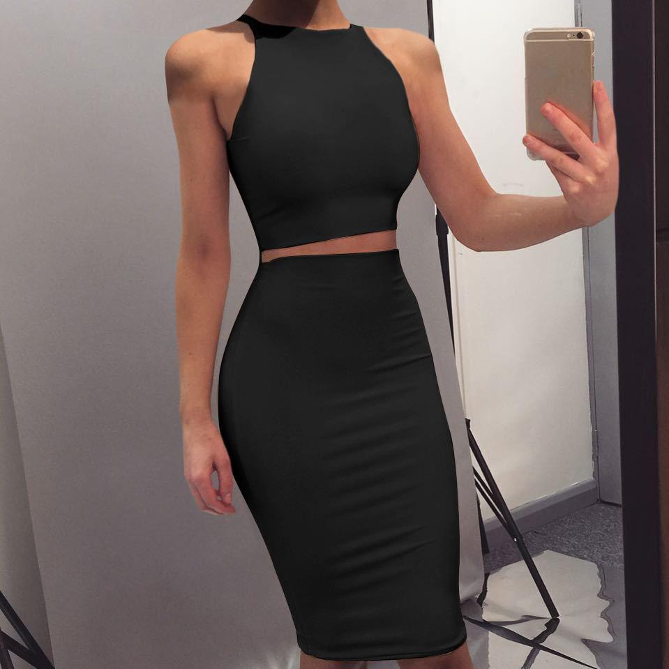 Sexy Round Neck Two Pieces Bodycon Dresses-Sexy Dresses-Black-S-Free Shipping Leatheretro