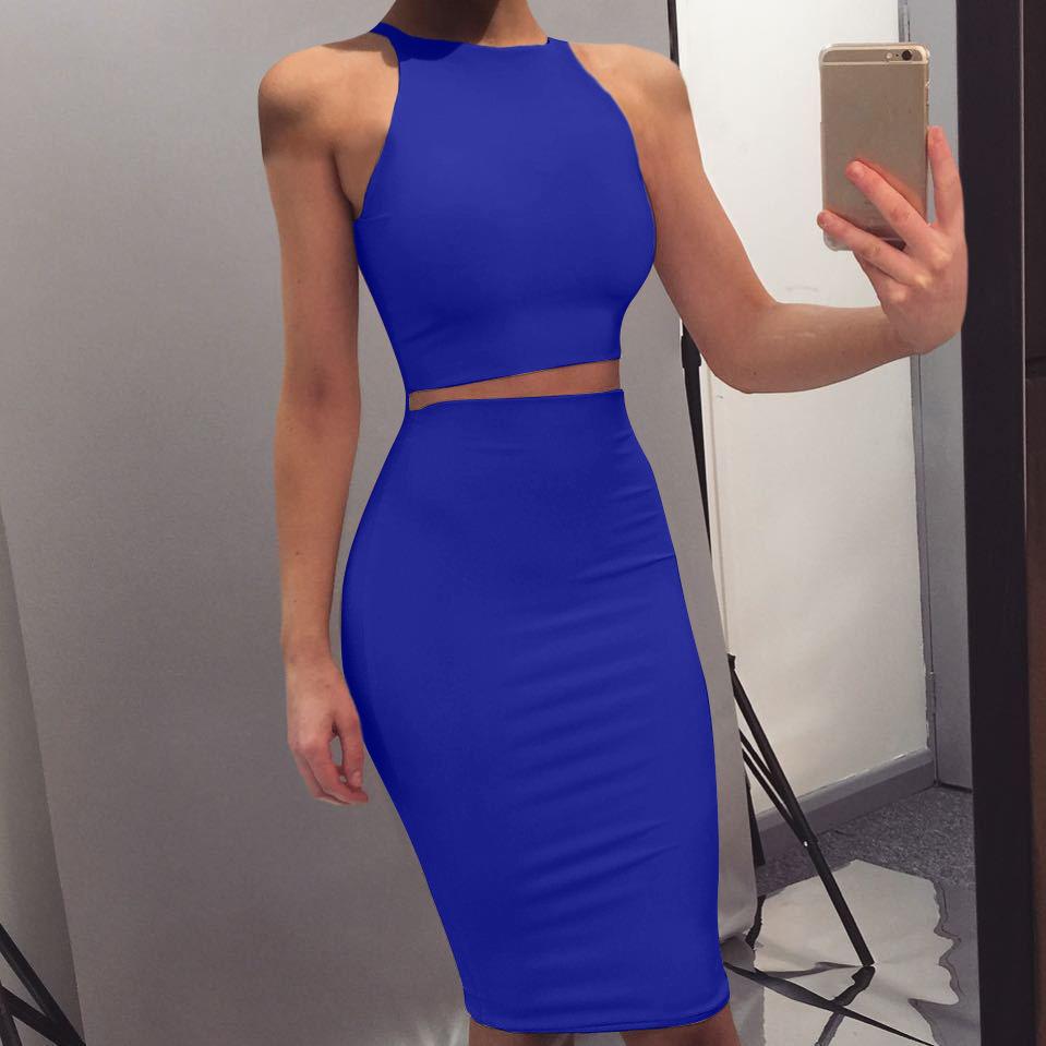 Sexy Round Neck Two Pieces Bodycon Dresses-Sexy Dresses-Dark Blue-S-Free Shipping Leatheretro