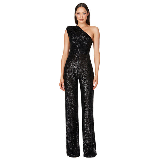 Sexy One Shoulder Sequined Jumpsuits-Jumpsuits-Black-S-Free Shipping Leatheretro