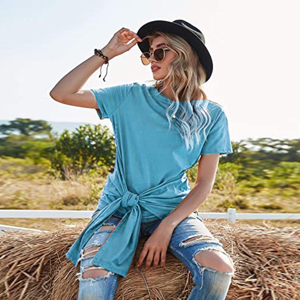 Women Summer Round Neck Bowknot T-Shirts-Shirts-Blue-S-Free Shipping Leatheretro