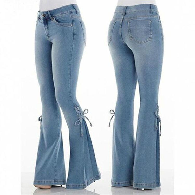 Casual Women Natural Waist Elastic Trumpet Denim Jeans-Pants-Light Blue-S-Free Shipping Leatheretro