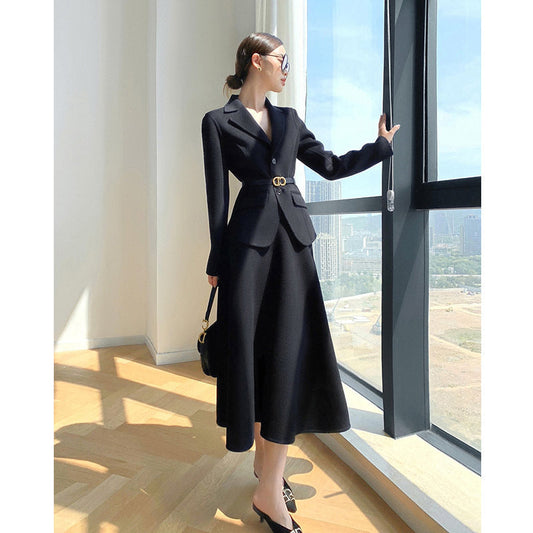 Luxury Woolen Blazer Top & Skirts Sets for Women-Suits-Black-S-Free Shipping Leatheretro