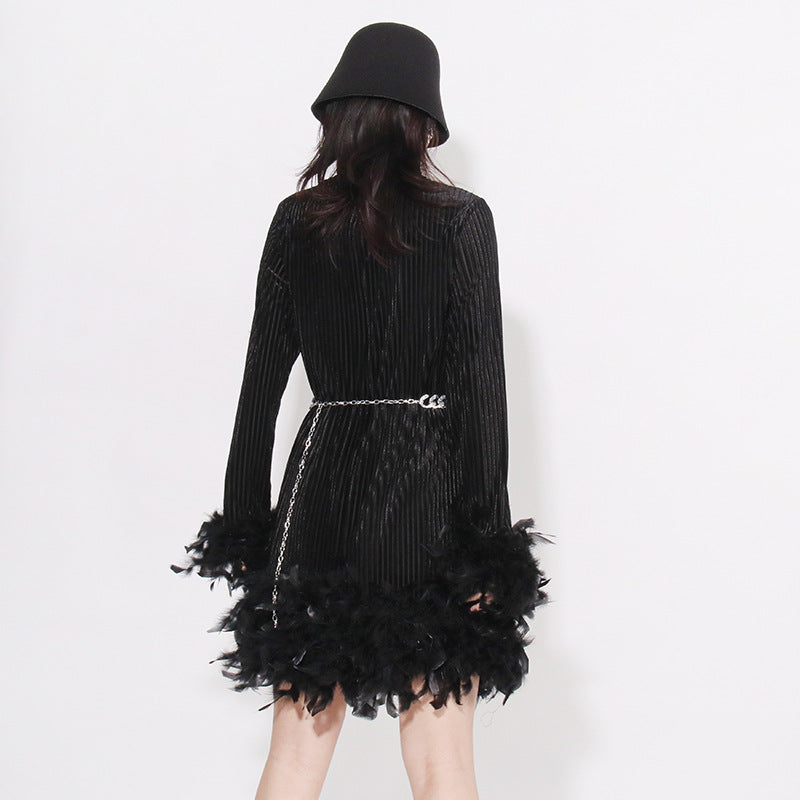 Vintage Feather Design Long Sleeves Short Dresses-Dresses-Black-M-Free Shipping Leatheretro