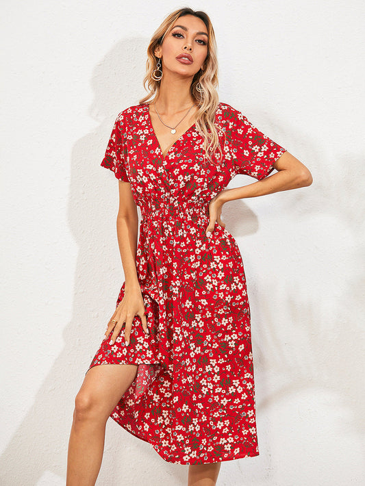 Summer Floral Print Short Sleeves Summer Daily Dresses-Dresses-Red-S-Free Shipping Leatheretro