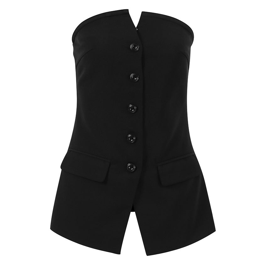 Fashion Designed Black Sleeveless Vest with Button-vest-Black-S-Free Shipping Leatheretro